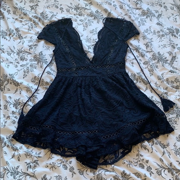 SOLD - Navy Blue Lace Romper - Picture 1 of 3